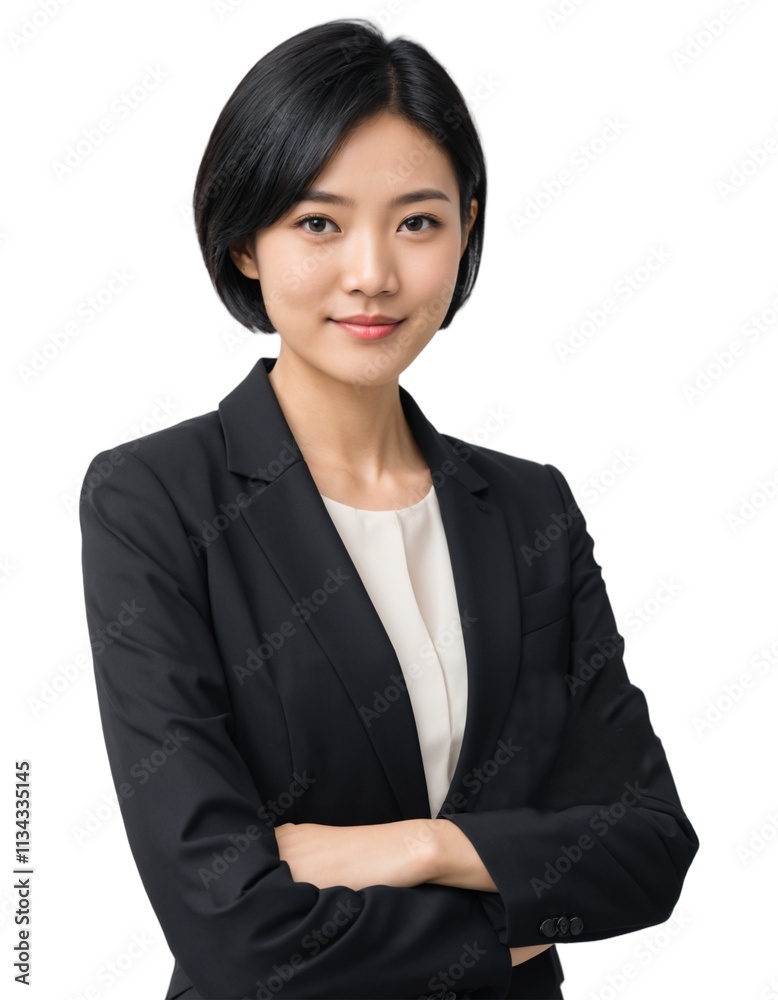 young asian girl with short hair wearing office attire with crossed arms . sideways body . ai generate young asian girl with short hair wearing office attire with crossed arms . sideways body . ai generate