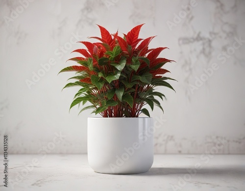 Low growing, red leafed agronema plant in a white ceramic pot with green accents, tropical plants, office decor photo