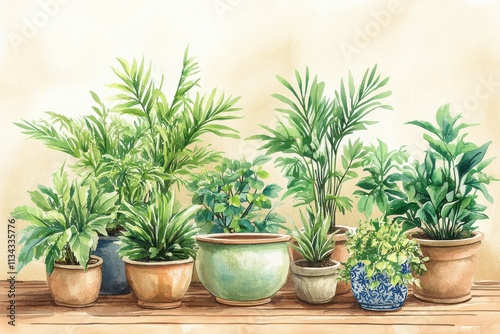 A vibrant collection of indoor plants in decorative pots, showcasing lush green foliage and earthy tones.