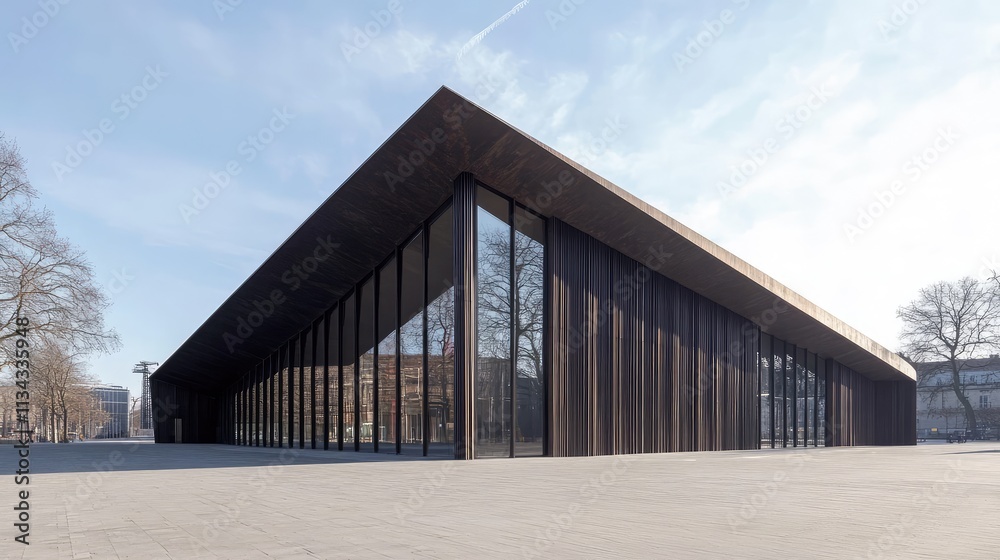 A modular exhibition hall, with rectangular segments forming a large, open interior space and a striking, angular roofline