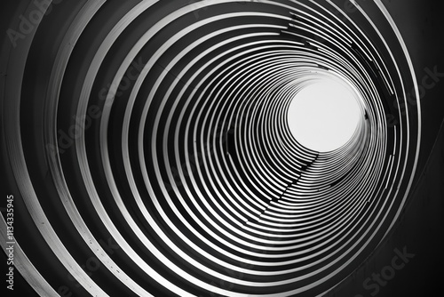 A circular perspective of a spiral tube reveals a bright light at the end, surrounded by dark metal surfaces, creating an intriguing contrast and depth. photo