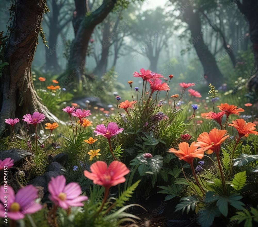 Carnivorous flowers blooming in a clearing amidst the twisted undergrowth, flowers, unnatural, carnivorous plants Carnivorous flowers blooming in a clearing amidst the twisted undergrowth, flowers, unnatural, carnivorous plants