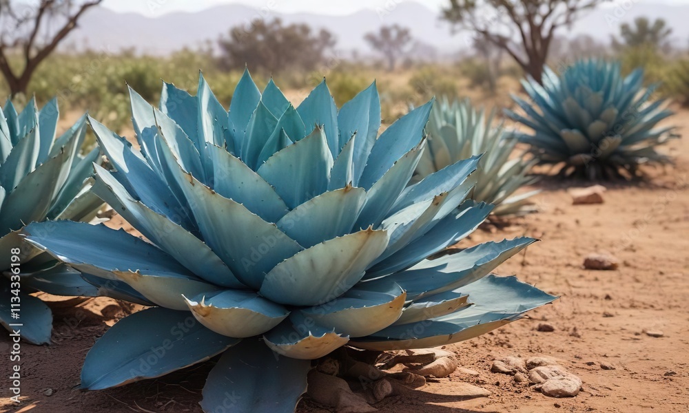 Obraz premium Mature blue agave plant with large, succulent leaves in a field , Prickly Plants, Field