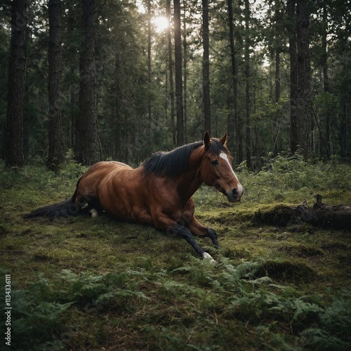 A peaceful horse lying down in a quiet forest clearing.