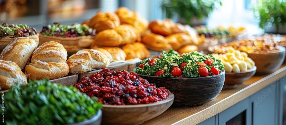 Abundant buffet table with fresh bread, salads, and various dishes. Abundant buffet table with fresh bread, salads, and various dishes.