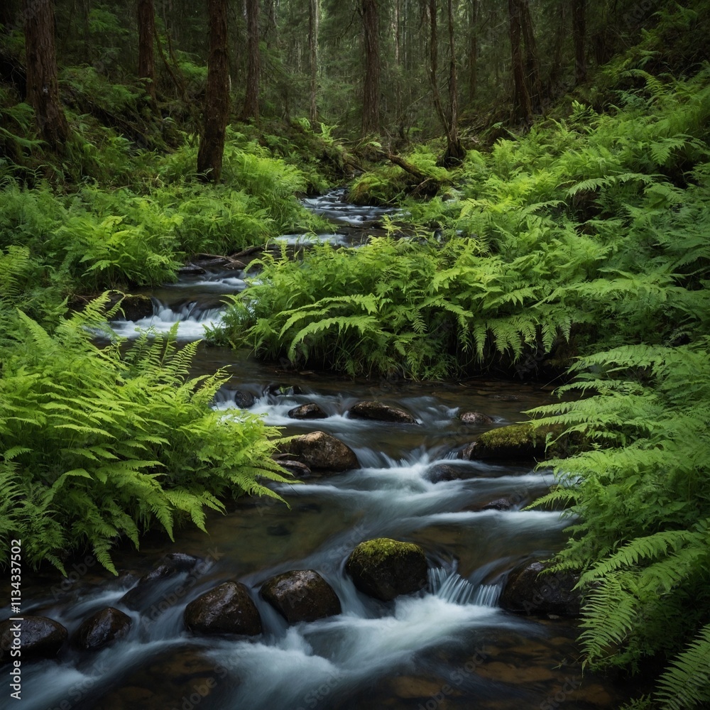 A forest stream lined with wildflowers and ferns.
A forest stream lined with wildflowers and ferns.