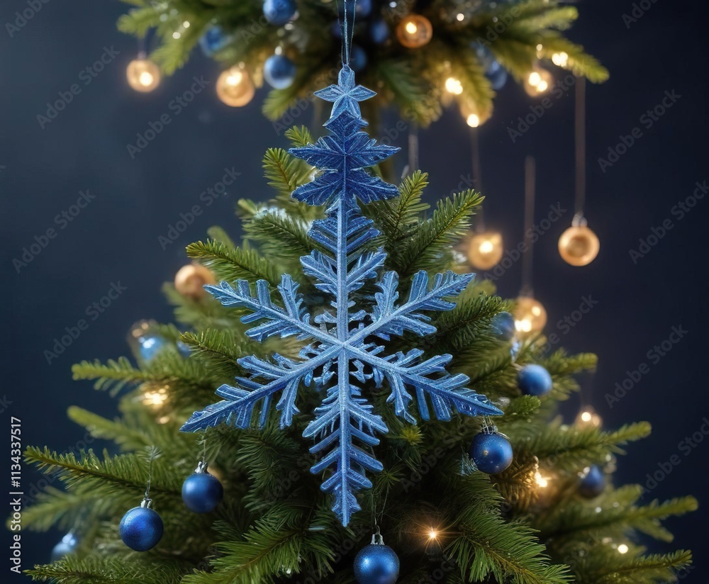 Snowflake Christmas tree with sparkling ornaments on a dark blue background, glittering sparks, sparkling ornaments Snowflake Christmas tree with sparkling ornaments on a dark blue background, glittering sparks, sparkling ornaments