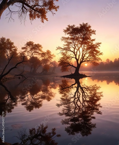 Tree branches reflected in the calm lake surface at sunrise, forest, stillness, reflection