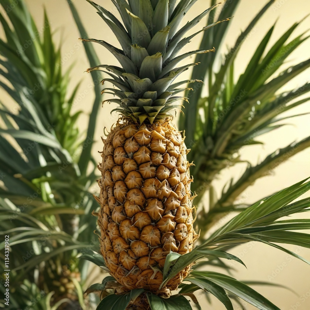 Obraz premium Pineapple on a sunny branch with hints of yellowing, ripe, nature, green