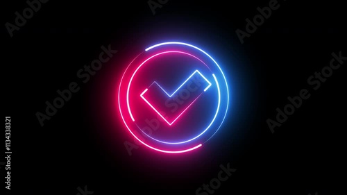 Neon glowing blue and pink Check Mark icon. Verify check icon on black background.