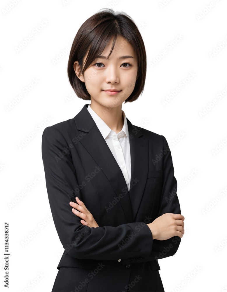 young asian girl with short hair wearing office attire with crossed arms . sideways body . ai generate young asian girl with short hair wearing office attire with crossed arms . sideways body . ai generate