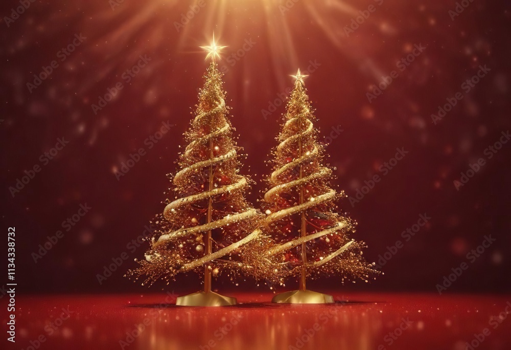 Abstract golden Christmas tree on a dark red background with glittering particles, festive decoration, holiday season, celebratory atmosphere Abstract golden Christmas tree on a dark red background with glittering particles, festive decoration, holiday season, celebratory atmosphere