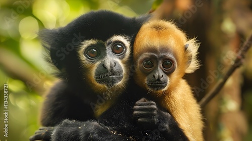 Two young monkeys, one black and one orange, are hugging and looking at the camera with a soft, out of focus background.