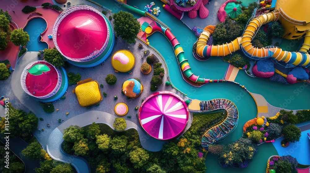 Whimsical Wonderland: A whimsical, colorful landscape design concept for a theme park or amusement park. This bird's-eye view showcases a captivating mix of vibrant colors, playful shapes.