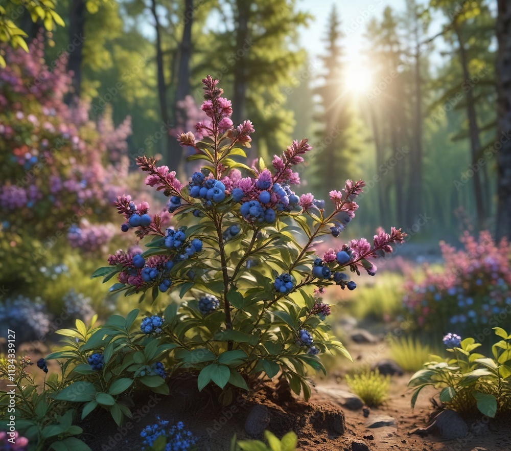 Obraz premium Blueberry bush in full bloom against the vibrant colors of a spring forest landscape, blueberry bush, nature photography, outdoor scenery