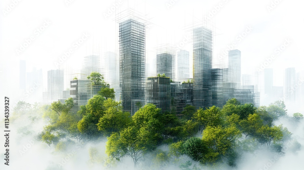 Obraz premium Futuristic cityscape emerging from lush greenery