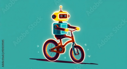 A glowing toy robot riding a unicycle kid cute art illustration on a plain turquoise background photo