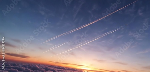 Airplane contrail stretching across the horizon at sunset with a clear blue sky behind it, airplane, aircraft trail, contrail