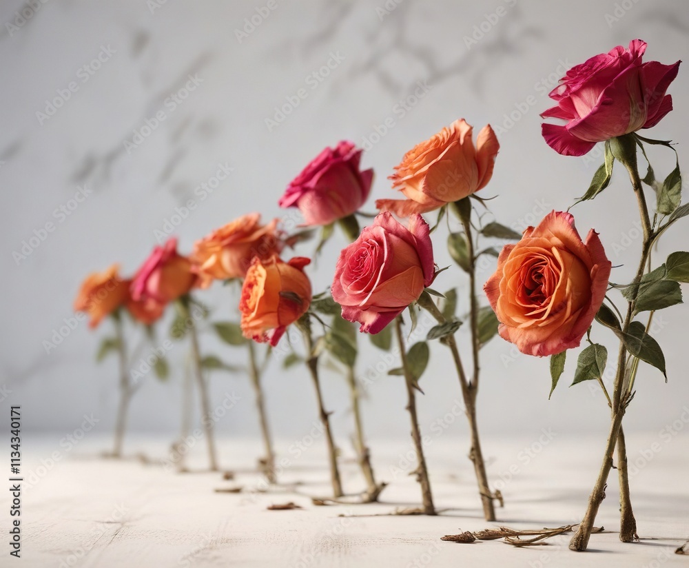 Row of dried roses against a light background , decoration, garden Row of dried roses against a light background , decoration, garden