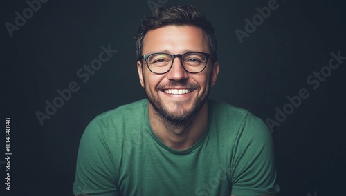 A portrait of a cheerful man in a green shirt and glasses, smiling confidently at the camera against a dark background. 