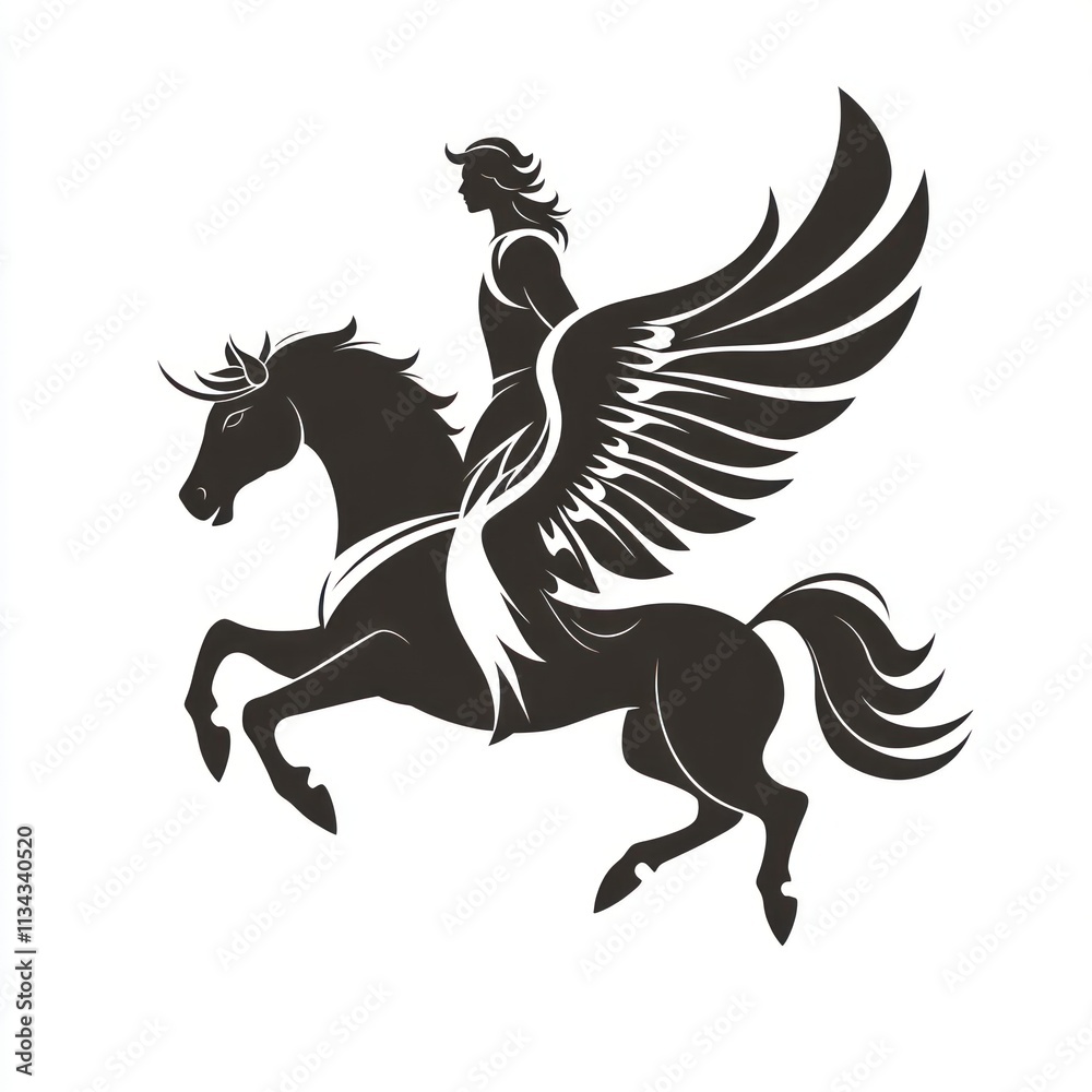 Silhouette of a winged horse Pegasus carrying a rider in mid-flight. Silhouette of a winged horse Pegasus carrying a rider in mid-flight.