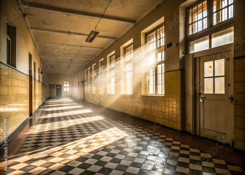 Empty School Hallway with Checkered Floor and Sunlight Streaming Through Windows