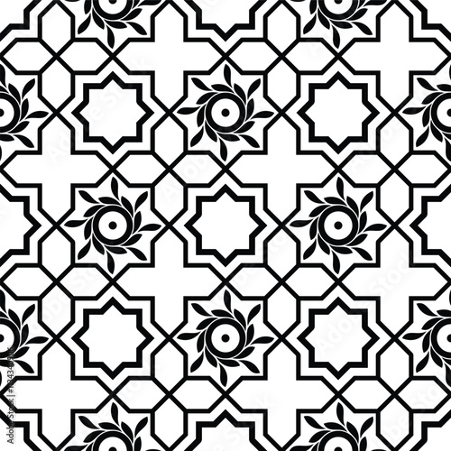 Floral seamless pattern with baroque style ornament. Modern stylish texture. Black and white. Repeating vector background.