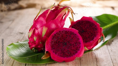 fresh juicy pink pitaya on leaf