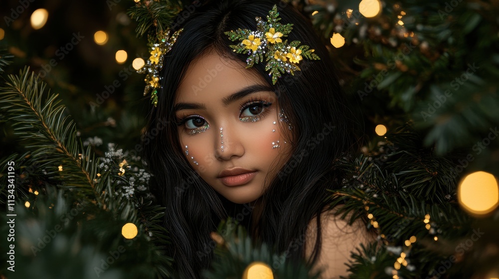 Young woman with floral crown amidst glowing Christmas tree branches. Young woman with floral crown amidst glowing Christmas tree branches.