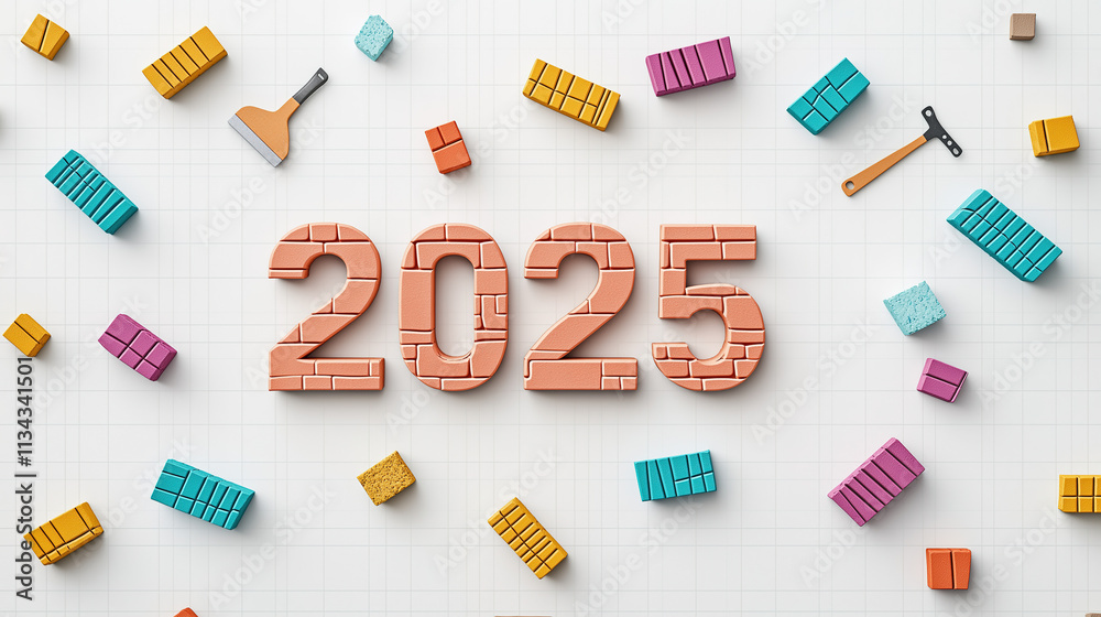 Bold 2025 Typography Framed by Bricks and Trowels for Construction-Themed Campaigns Bold 2025 Typography Framed by Bricks and Trowels for Construction-Themed Campaigns