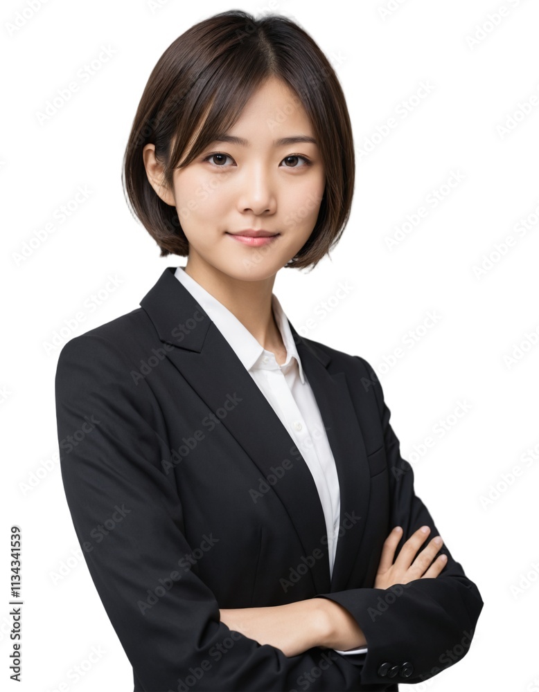 young asian girl with short hair wearing office attire with crossed arms . sideways body . ai generate young asian girl with short hair wearing office attire with crossed arms . sideways body . ai generate