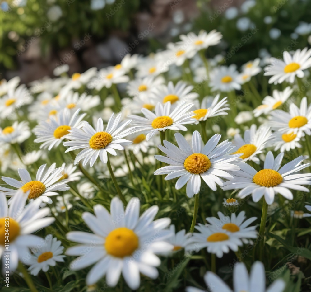 Solo daisy amidst pristine white blooms soaking up warm sunlight, vibrant petals, field of flowers, sunflowers Solo daisy amidst pristine white blooms soaking up warm sunlight, vibrant petals, field of flowers, sunflowers