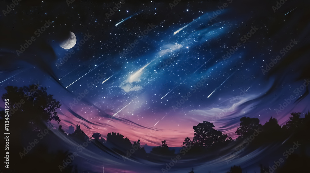 Meteor shower, beautiful stylized illustration of falling meteorites against a night landscape Meteor shower, beautiful stylized illustration of falling meteorites against a night landscape