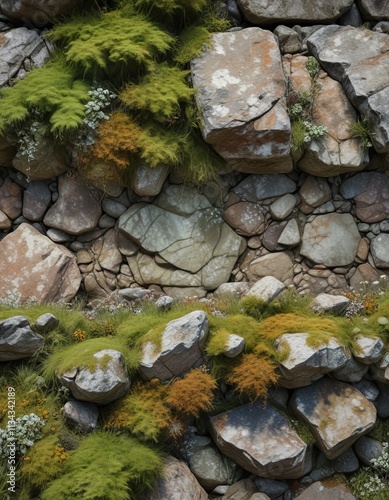 Weathered stone wall with moss and lichen covering , moss, overgrowth, natural photo