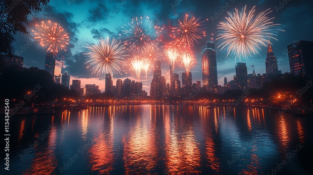 Cityscape Fireworks Display Over Water Reflection Cityscape Fireworks Display Over Water Reflection