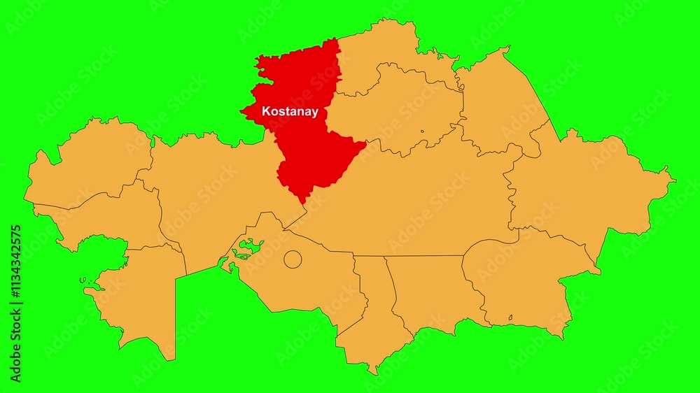 Kostanay map animated video. The location is highlighted on the Kazakhstan map. Colour map with Green screen background in video format. Kostanay map animated video. The location is highlighted on the Kazakhstan map. Colour map with Green screen background in video format.