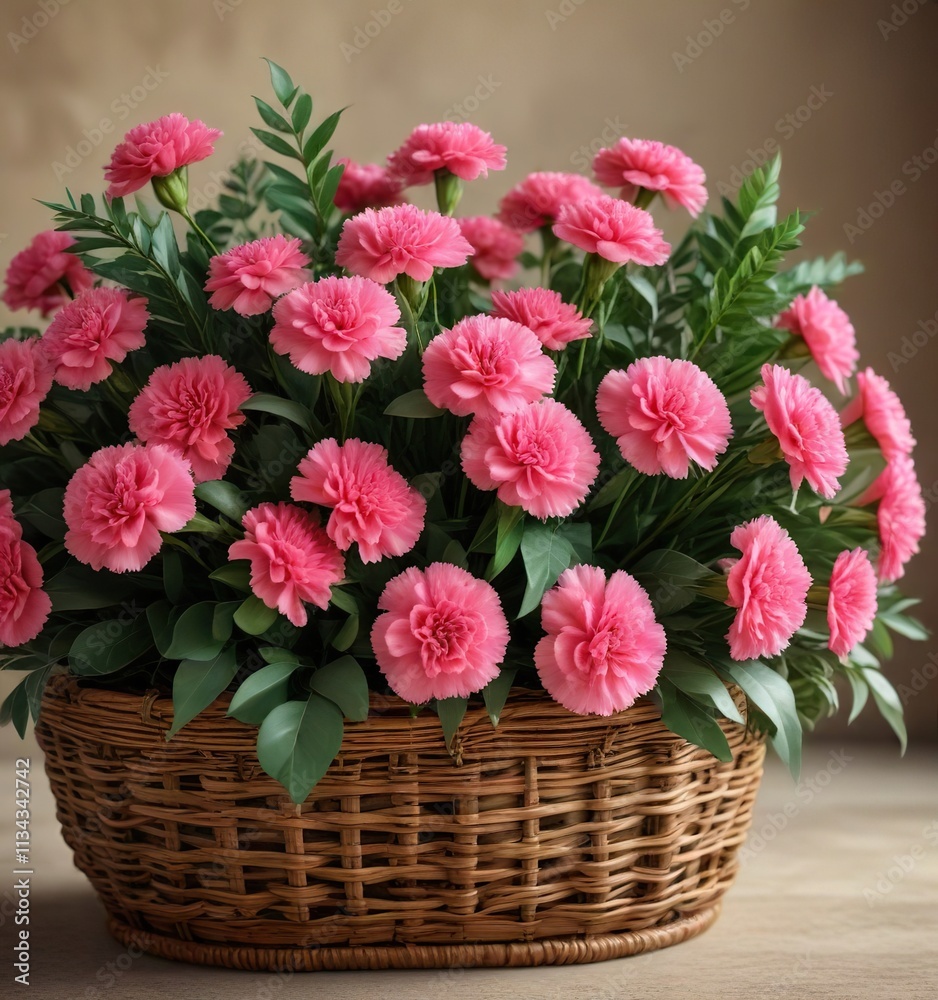 Carnations and eucalyptus leaves arranged in a woven basket , organic, earthy, wicker basket Carnations and eucalyptus leaves arranged in a woven basket , organic, earthy, wicker basket