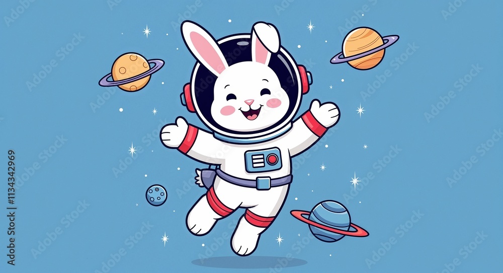 A cheerful astronaut bunny floating in space kid cute art illustration on a plain blue background A cheerful astronaut bunny floating in space kid cute art illustration on a plain blue background
