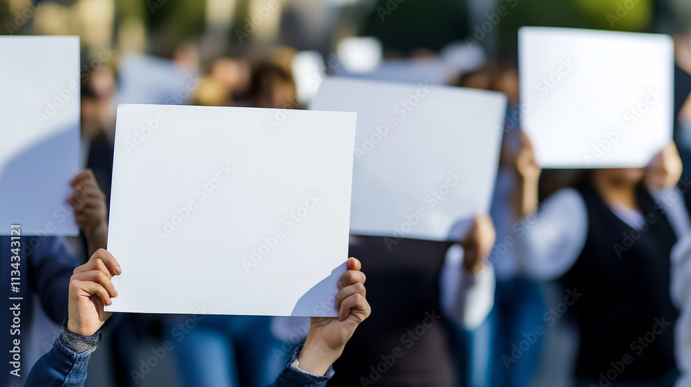 Group of people holding blank signs in peaceful protest, unified stance and determination, ample copy space for text or design. Group of people holding blank signs in peaceful protest, unified stance and determination, ample copy space for text or design.