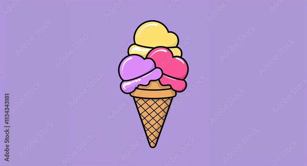 A cheerful ice cream cone with heart shaped scoops kid art illustration on a plain lavender background A cheerful ice cream cone with heart shaped scoops kid art illustration on a plain lavender background