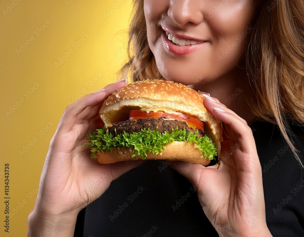 a woman who eats a delicious hamburger a woman who eats a delicious hamburger