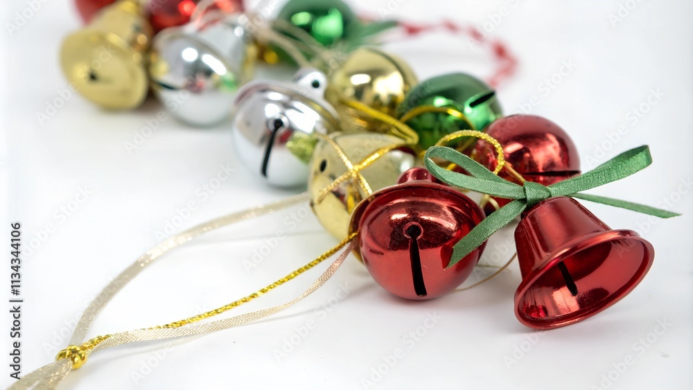 Fototapeta premium A colorful string of jingle bells in red, green, silver, and gold is arranged on a white background. The bells are connected by a thin, gold-colored string and a green ribbon is tied to the end of the