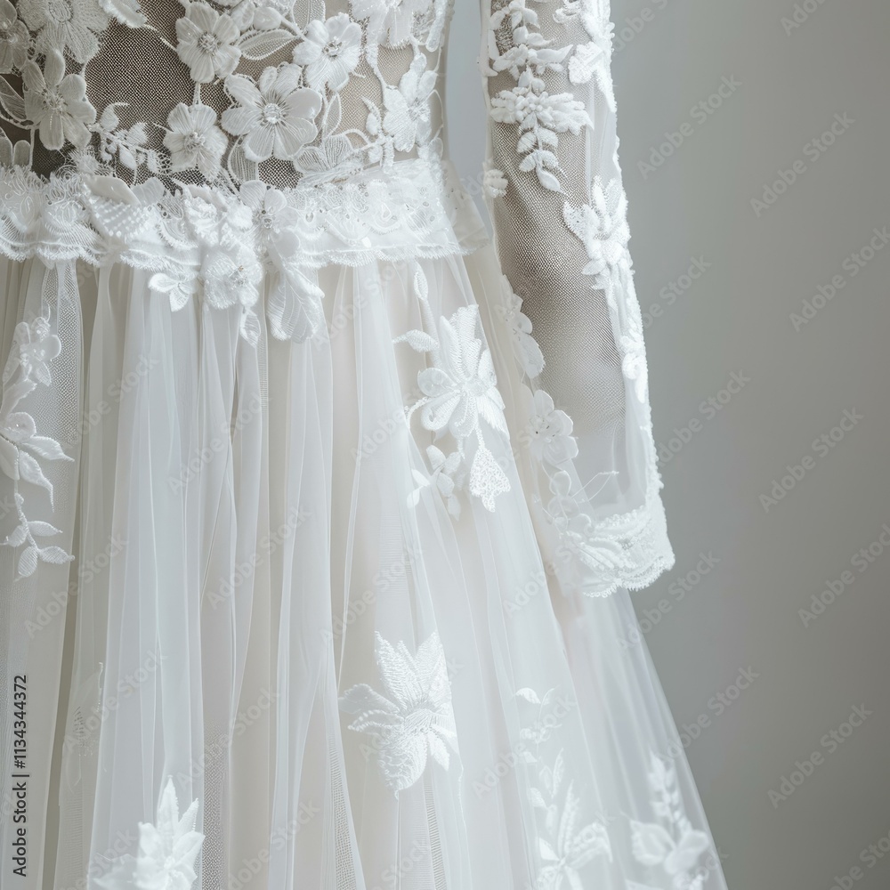 Close up of a beautiful white lace wedding dress, showcasing intricate floral embroidery and delicate tulle fabric Close up of a beautiful white lace wedding dress, showcasing intricate floral embroidery and delicate tulle fabric