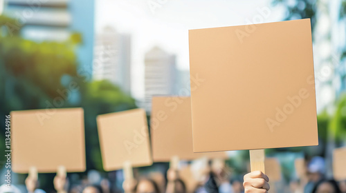 Group of people holding blank signs in peaceful protest, unified stance and determination, ample copy space for text or design. photo