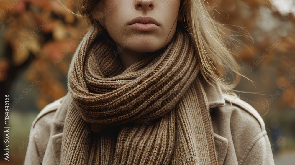 woman wearing the scarf in brown color, styled with a knitted texture ...