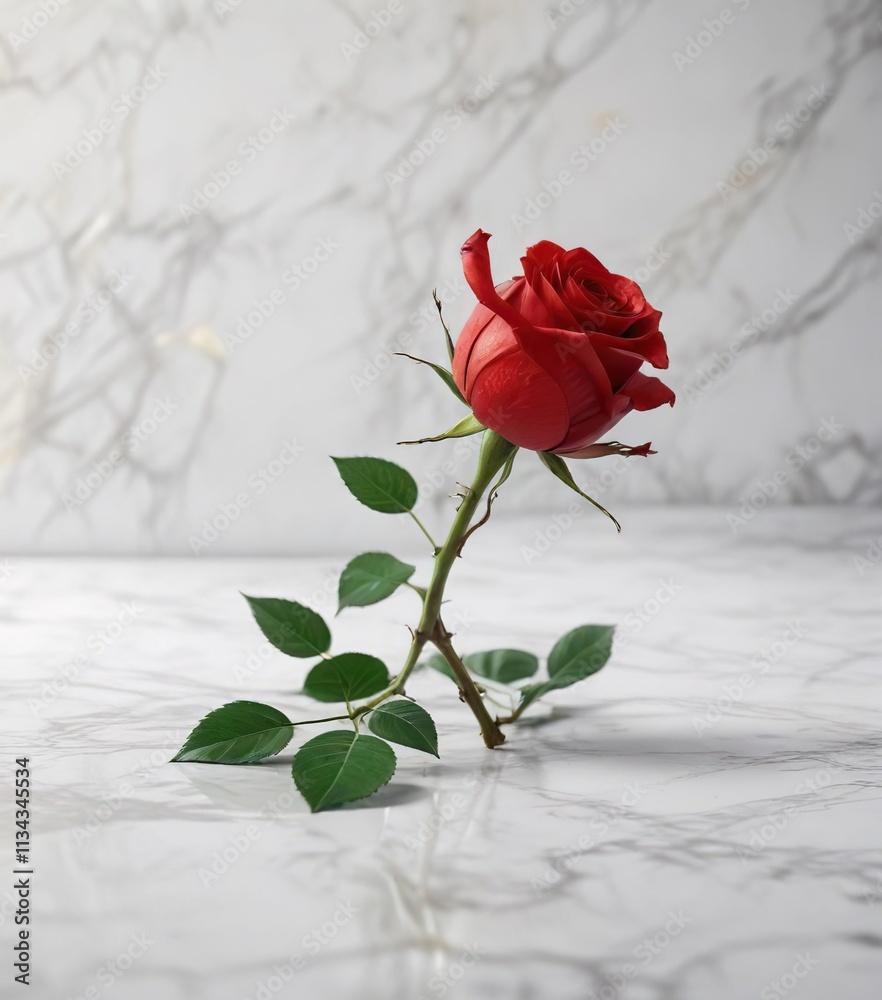 Red rose on a green stem resting on a pristine white marble surface with intricate details and natural light, floral composition, beauty, elegant Red rose on a green stem resting on a pristine white marble surface with intricate details and natural light, floral composition, beauty, elegant