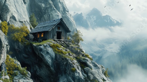 A mountain hut nestled against a rocky cliff, its roof blending with the stone and camouflaged from view from afar