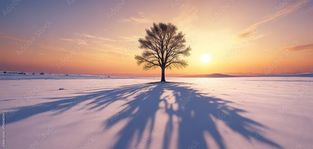 Snow-covered field with a solitary tree casting long shadows over the landscape at sunset, serene winter, purple sky, solitary tree Snow-covered field with a solitary tree casting long shadows over the landscape at sunset, serene winter, purple sky, solitary tree