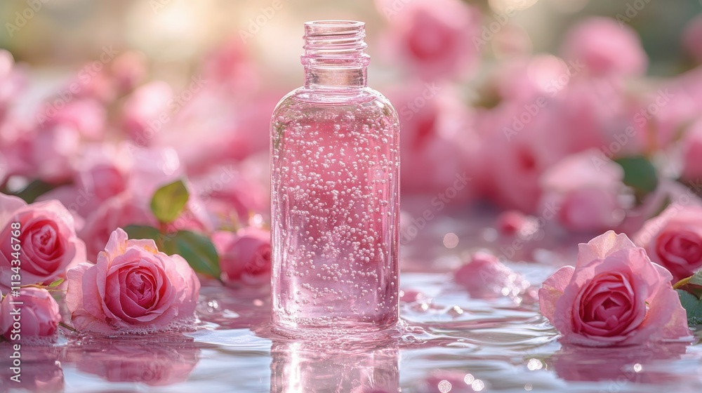 A clear bottle filled with pink liquid surrounded by pink roses in a serene setting. A clear bottle filled with pink liquid surrounded by pink roses in a serene setting.