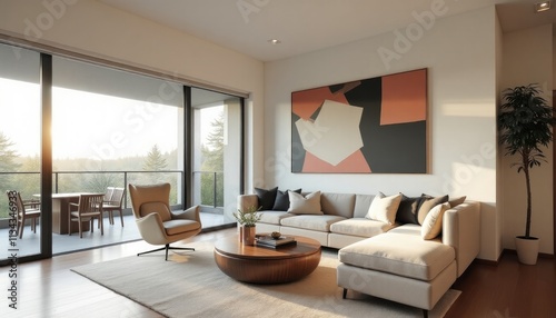 A modern living room with large windows overlooking a scenic outdoor view  featuring a beige sofa  armchair  and coffee table  complemented by a wooden side table and a large abstract painting